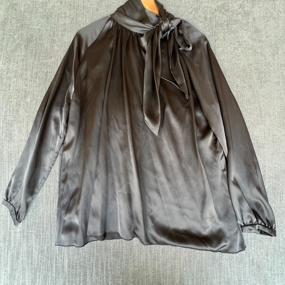 John David Ridge Blouse Top Womens Dark Gray Satin Long Sleeve Pus*y Bow Neck